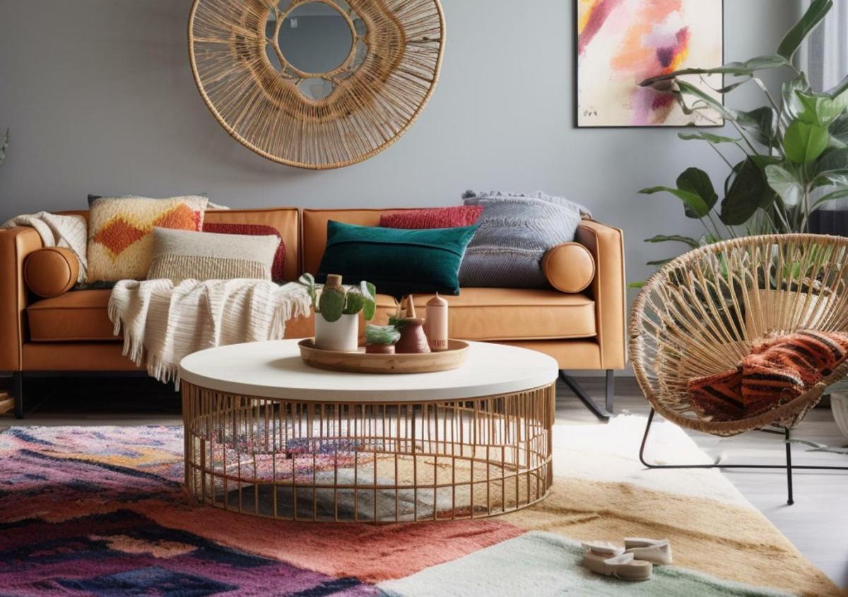 Modern living room with a pastel-coloured kilim rug, leather sofa and boho decor.