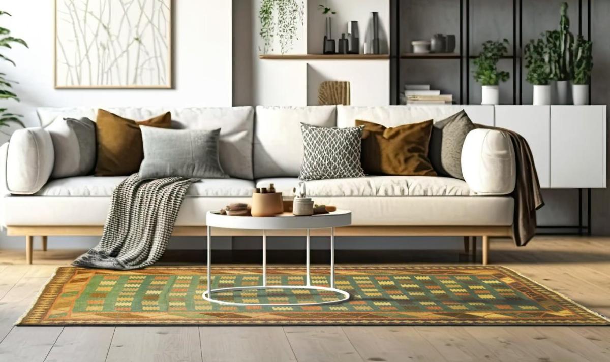 Living room with kilim rug in green check pattern