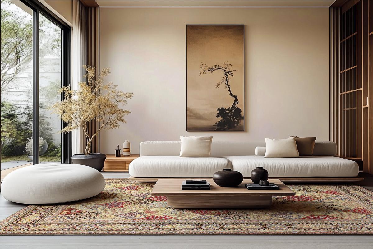 Kerman Ravar Orientteppich met fijn bloemmotief in een elegante, minimalistische woonkamer.