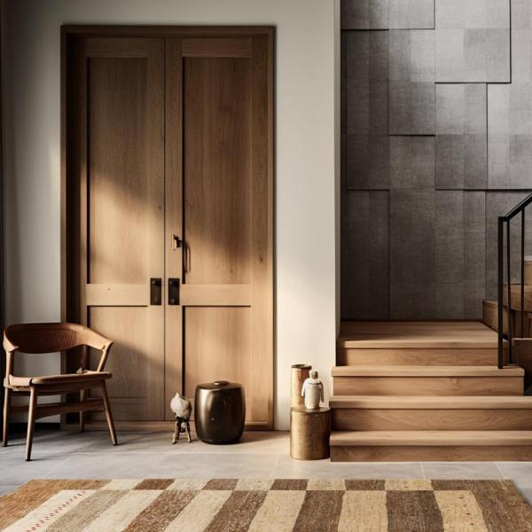 Entrance area with Persian Gabbeh Yalameh rug in beige and brown tones on the stone floor.