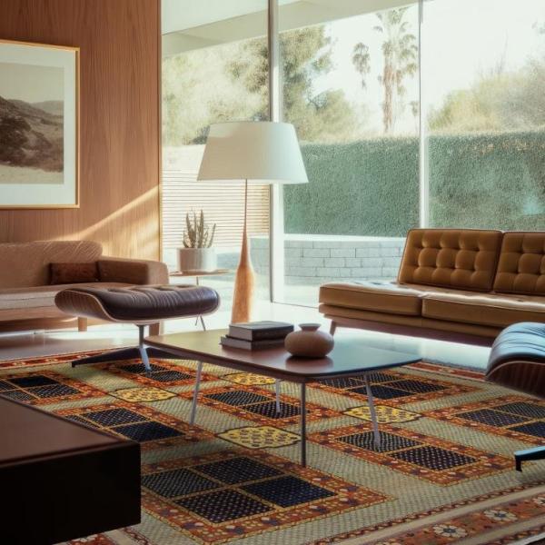 Classic-modern living space with Persian Loribaft rug in patchwork design