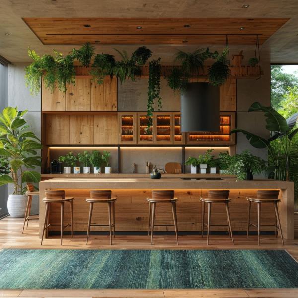 Keuken in houtlook met een Perzisch Gabbeh Loribaft Atash tapijt