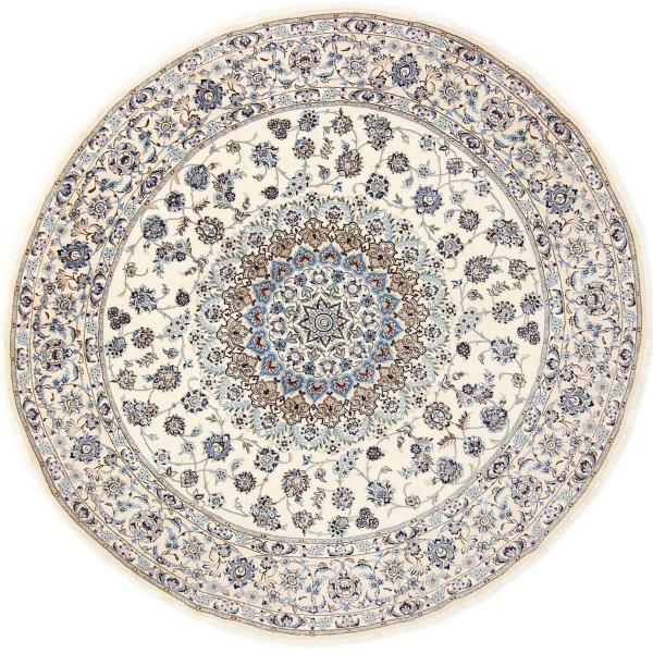 Round oriental carpet with a fine floral pattern in blue and beige tones on a light background.