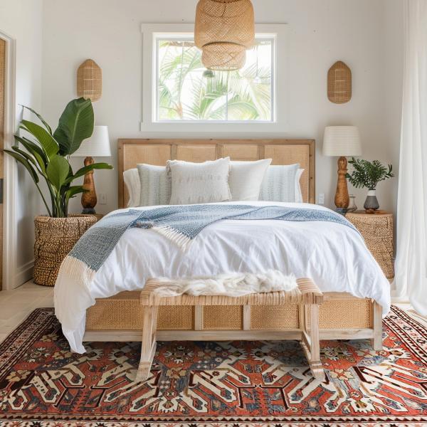 Cosy bedroom with hand-knotted Kazak rug in ethnic style