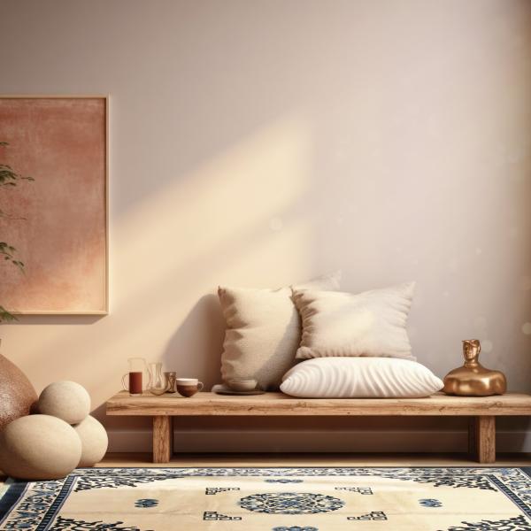 Antiek China Peking tapijt in beige en blauw voor een minimalistische houten bank met kussen in een 