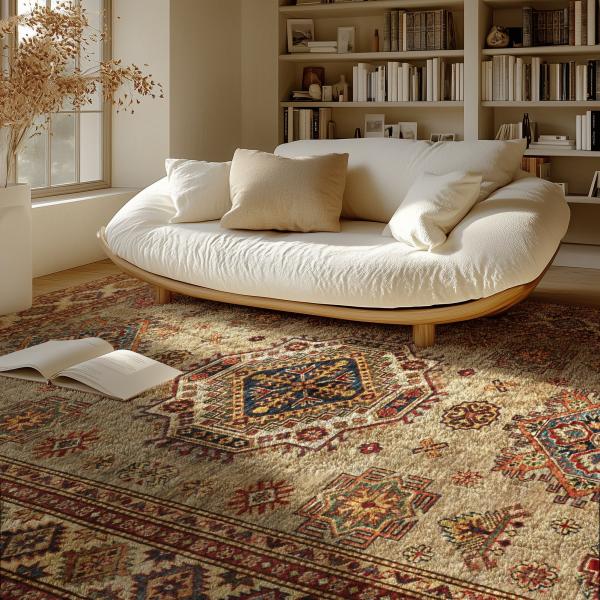 Kazakh carpet in warm earth tones in front of a light sofa in a cosy living room.