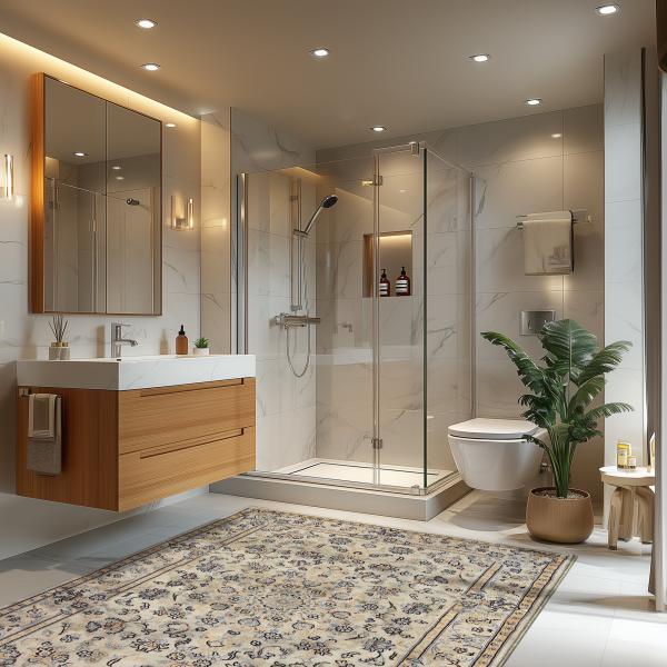 Hand-knotted Nain rug with curvilinear patterns in the bathroom