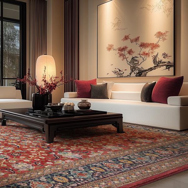 Hand-knotted Ghom Oriental rug in red and blue under a modern coffee table in a stylish living room.