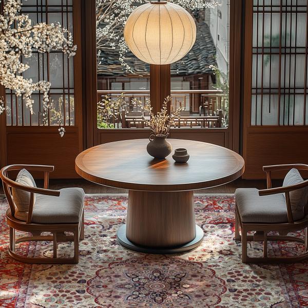 Round wooden table with two chairs on a Persian oriental rug in a traditionally furnished room.