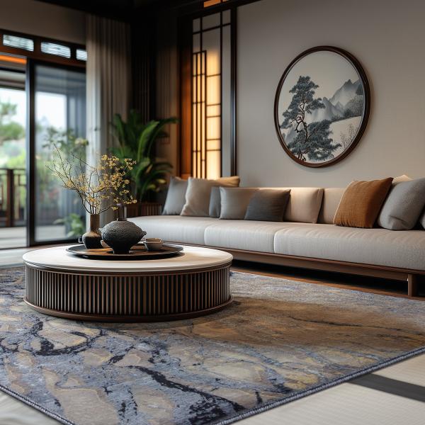 Moderner Wohnraum mit handgeknüpftem Sadraa Teppich in Blau- und Beigetönen, rundem Design-Couchtisc