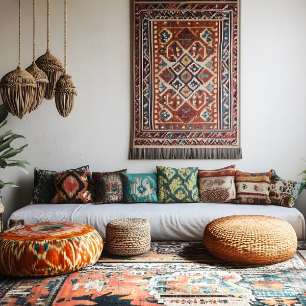 Boho living area with handwoven kilim rug in warm colours, wall hanging in ethnic style, colourful c