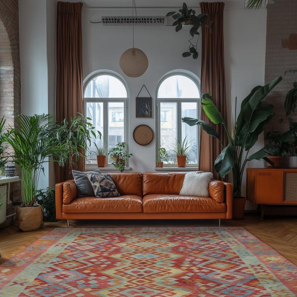 Living room with a Boho kilim rug in warm shades of red, cognac leather sofa, tall plants, and decor