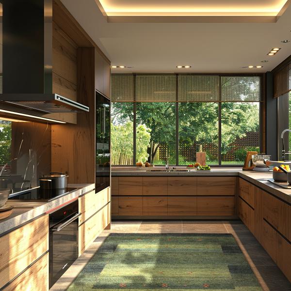 Moderne houten keuken met Perzisch Gabbeh Loribaft Atash tapijt in groentinten voor vloerhoge ramen 