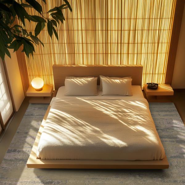Minimalistische slaapkamer met een lichtblauwe Sadraa design tapijt onder een laag houten bed.