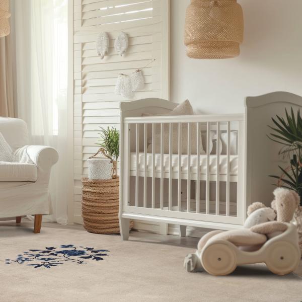 Heldere babykamer met antiek Chinees Peking tapijt in beige met blauw bloemenpatroon, houten kinderb