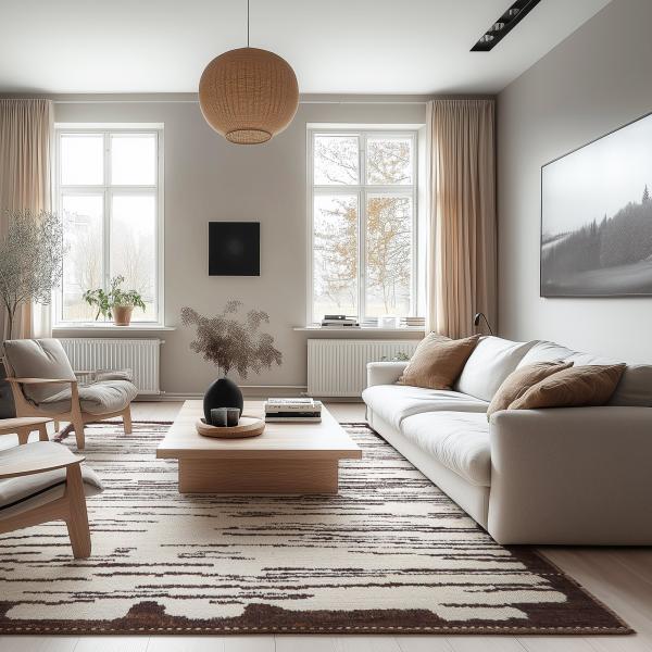 Bright living room with hand-knotted Berber Moroccan Atlas rug in cream with brown pattern, mini