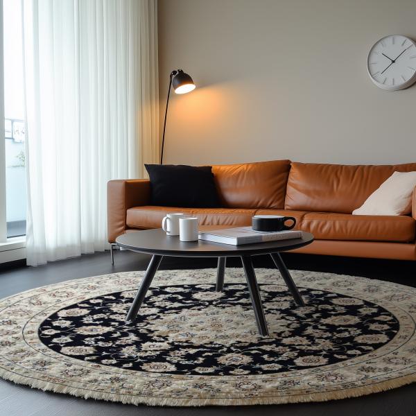 Round Nain 6La rug in cream and dark blue under a modern black coffee table