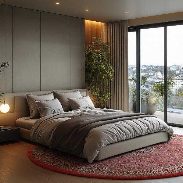 Modern bedroom with a grey box spring bed, large windows, and a round red oriental rug.