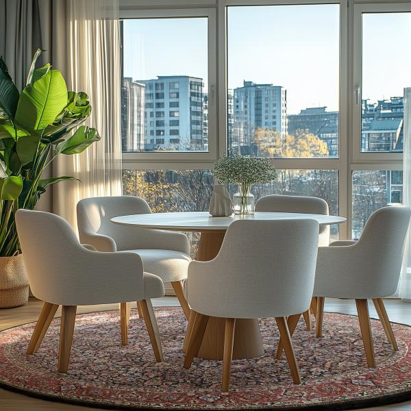 Bright dining room with a white round table, upholstered chairs, and a round Persian rug.