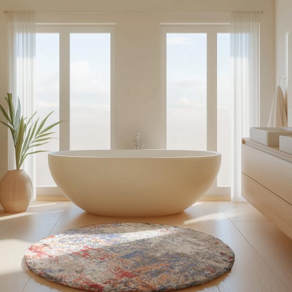 Modern bathroom with freestanding bathtub, round rug with abstract design.