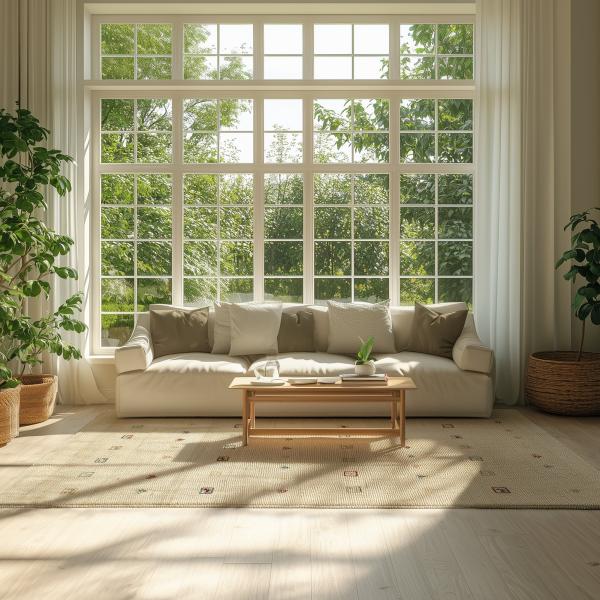 Lyst stue med teppe og store planter.