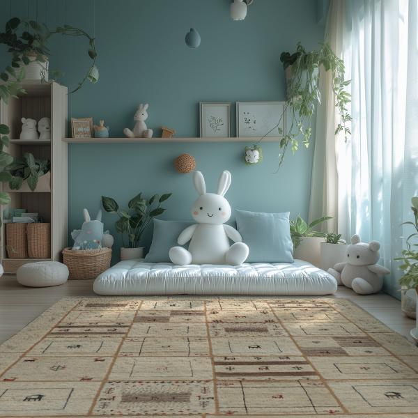 Barnerom med Gabbeh patchwork-teppe og kosedyr.