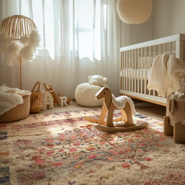 Habitación infantil con alfombra Gabbeh LoriBaft y juguetes de madera.