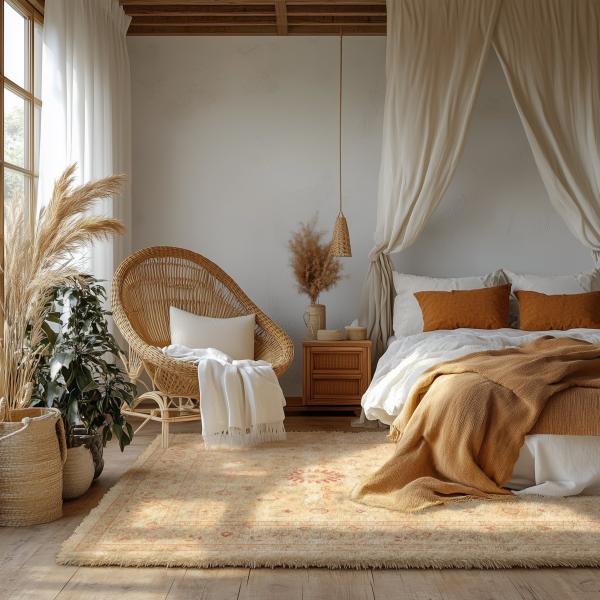 Dormitorio boho con alfombra india y acentos naturales.