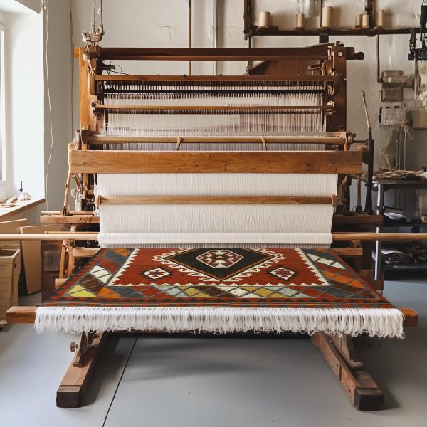 Tecido à mão com tapete tradicional em fabricação