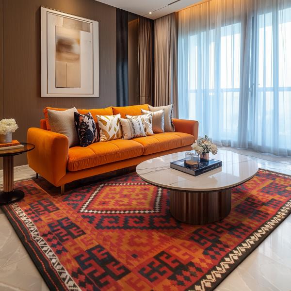Sala de estar moderna com tapete afegão Kelim antigo e sofá de designer.