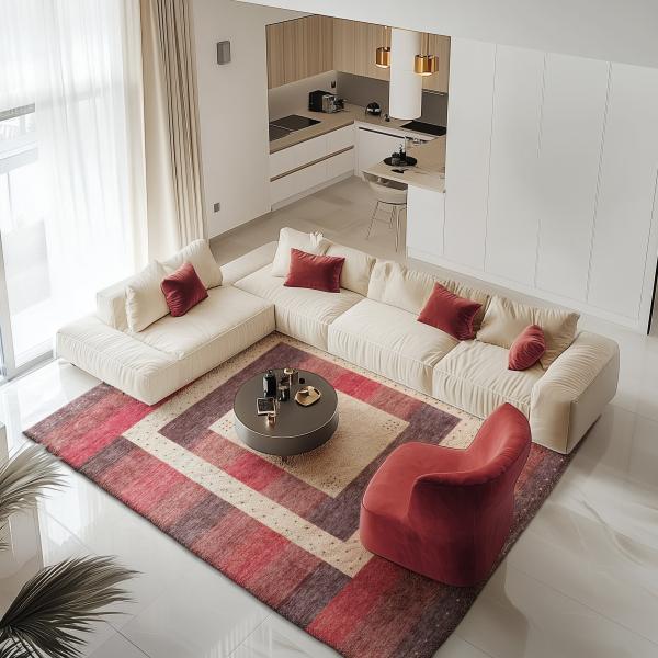 Sala de estar moderna con alfombra Loom Gabbeh Lori y sofá color crema.