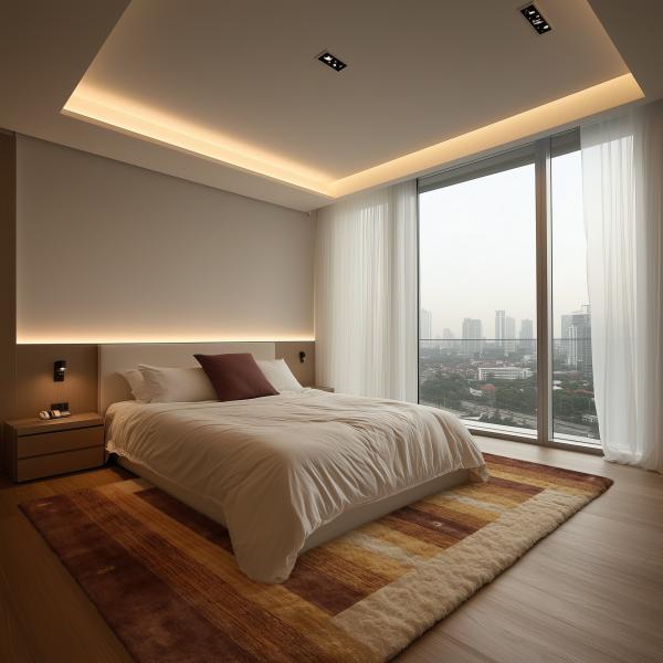 Dormitorio moderno con alfombra Gabbeh Loom y vista a la ciudad.