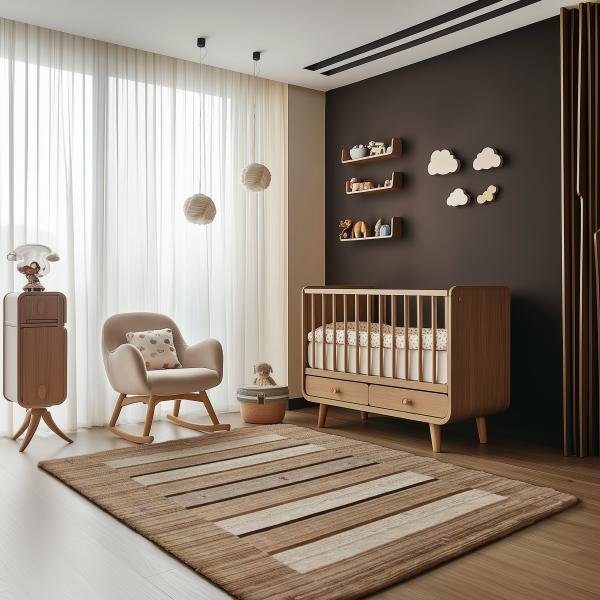 Habitación infantil moderna con alfombra Loom Gabbeh Lori y detalles de madera.