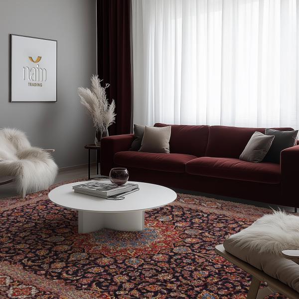 Alfombra persa Keshan hecha a mano en rojo y azul