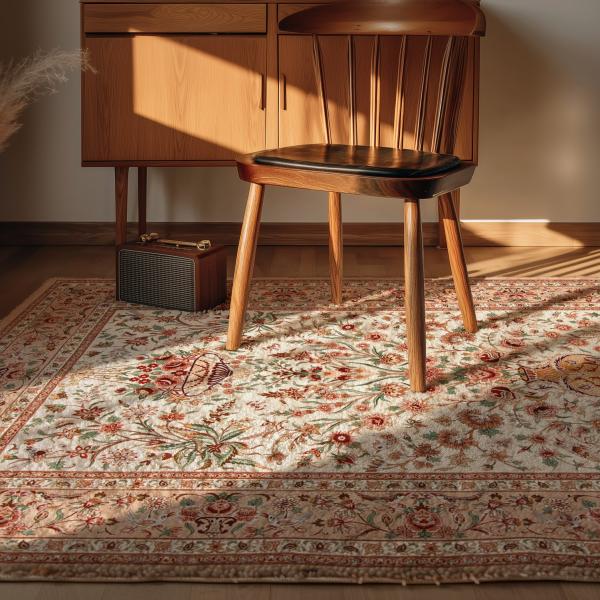 Clásica alfombra persa Isfahan con cadena de seda en beige, rojo y verde.