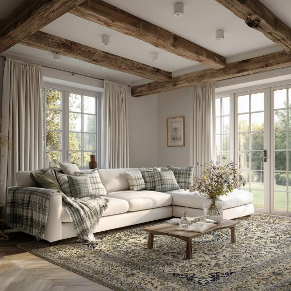 Tradisjonelt teppe med blomsterdesign i moderne landlig stue