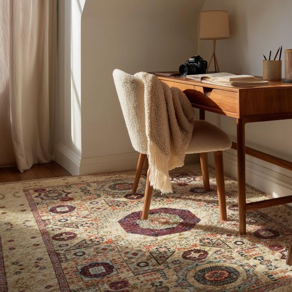 Tapis mamelouk dans un bureau lumineux avec un bureau en bois.
