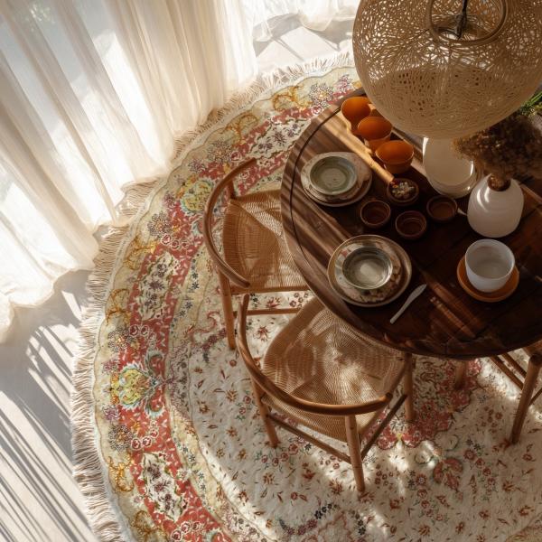 Tapete persa de Tabriz redondo com padrão de medalhão floral sob uma mesa.