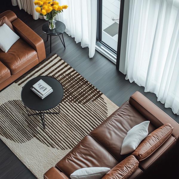Handknuten berbermatta i naturull med modern design i vardagsrummet