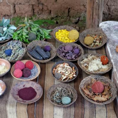 Paniers avec des matériaux naturels végétaux pour teindre la laine de tapis