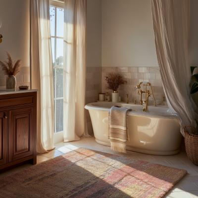 Hand-knotted Persian rug in vibrant shades of red in the bathroom.