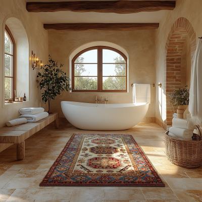 Bright living room with Kazak oriental rug in vibrant red and beige tones.