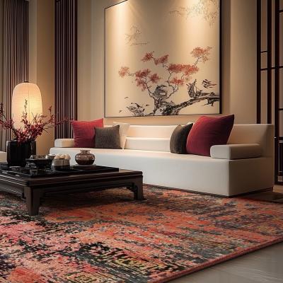 Μινιμαλιστικός χώρος διαλογισμού με χειροποίητο ανατολίτικο χαλί για αρμονία και φενγκ σούι.