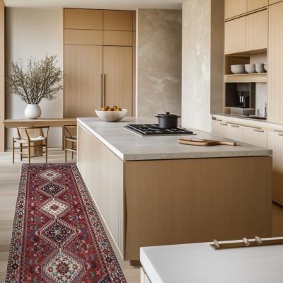 Κουζίνα σε ξύλινο σχέδιο με πράσινο χαλί.