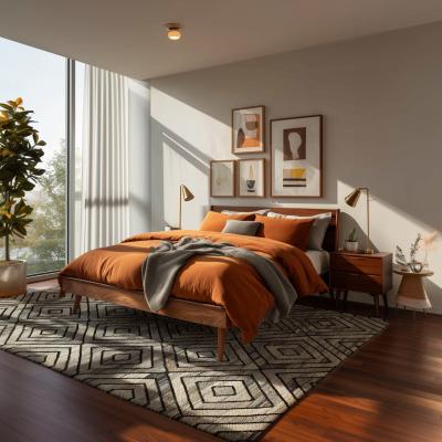 La mujer está sentada sobre una alfombra kelim de color gris-azul con un patrón geométrico.