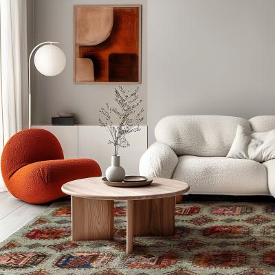 Sala de oficina en casa con alfombra oriental de estilo vintage tejida a mano en rojo.