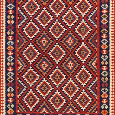 Kilim Fars com padrões tradicionais de losangos em vermelho e azul – tapete persa Kelim feito à mão