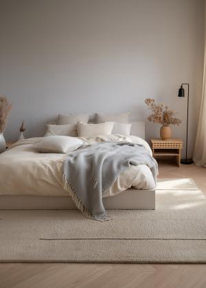 Alfombra de diseño moderno en crema con fina estructura de líneas.