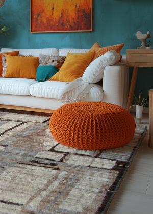 Modern Berber rug with geometric pattern in a Boho living room with colourful cushions.