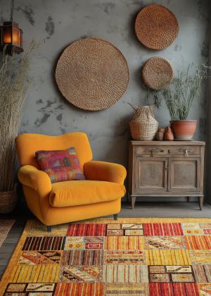 Modern rug Arijana in ethnic style with colorful patchwork pattern in the living room.